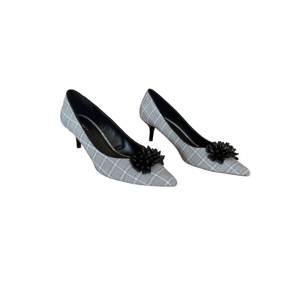 Zara Womens Beaded Flower Plaid Slip On Pointed Toe Kitten Heel Pump Size 41